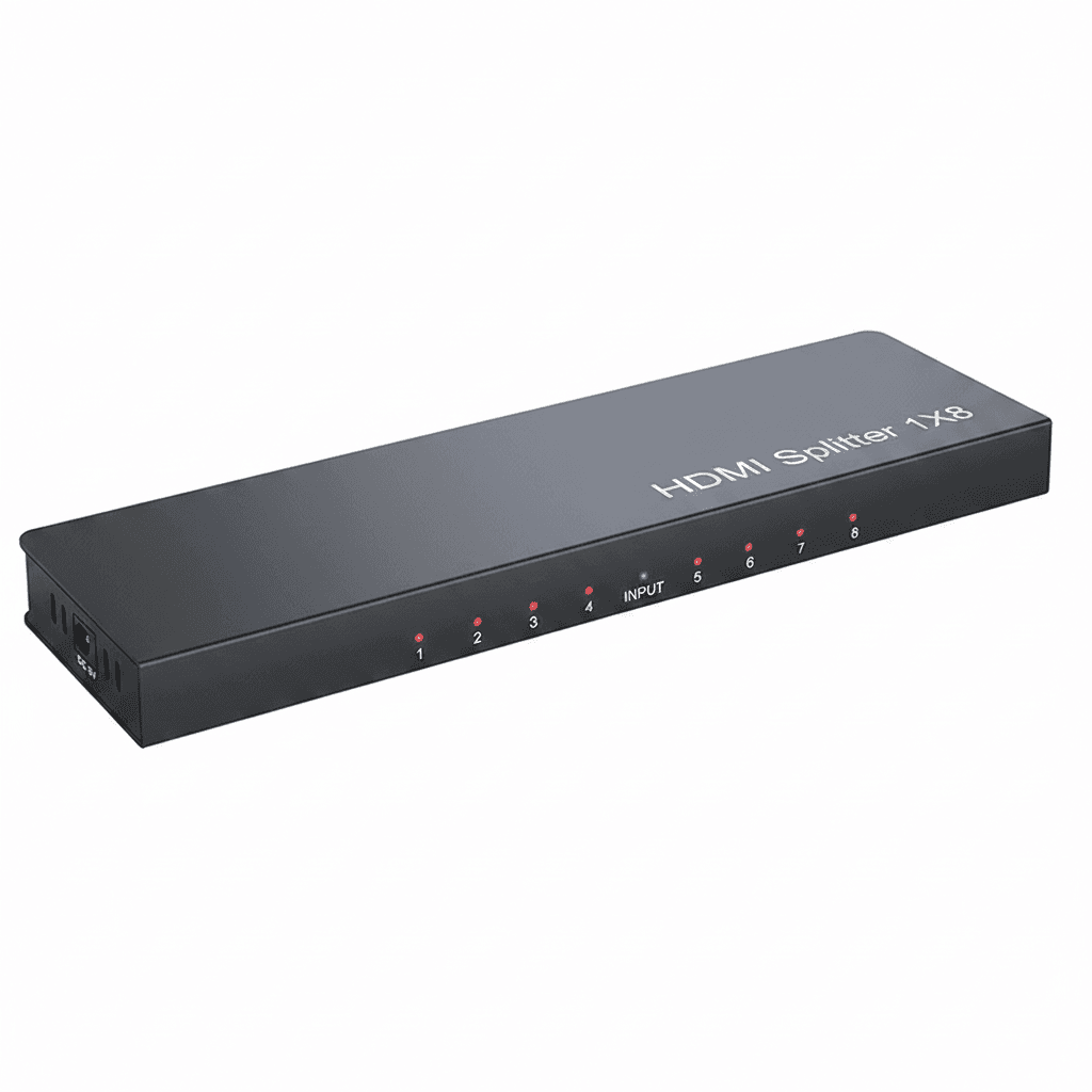 HDMI Splitter 1x8, a black rectangular device with ports.