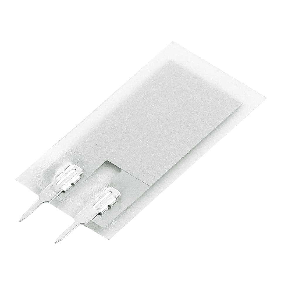 A thin, transparent LDT0-028K PVDF film vibration sensor with three metal contacts.