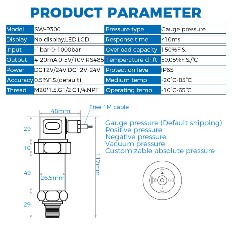 A stainless steel pressure sensor, the 4-20mA transducer, measures water, gas, oil, or liquid pressure from -1 to 1000bar.