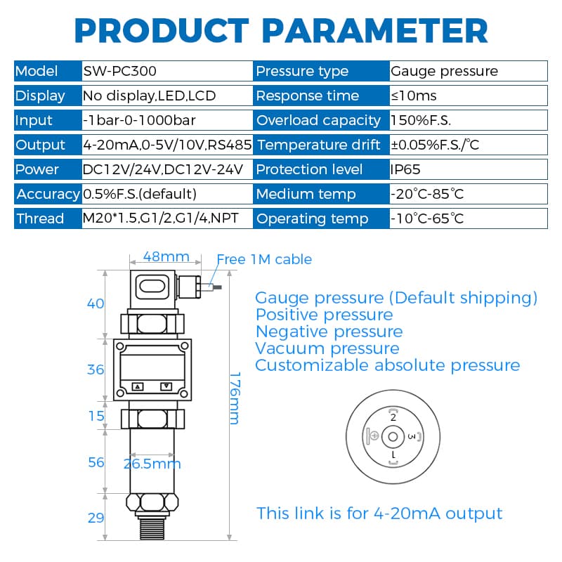 Pressure sensor with an LCD screen, displaying readings for water, gas, and oil.