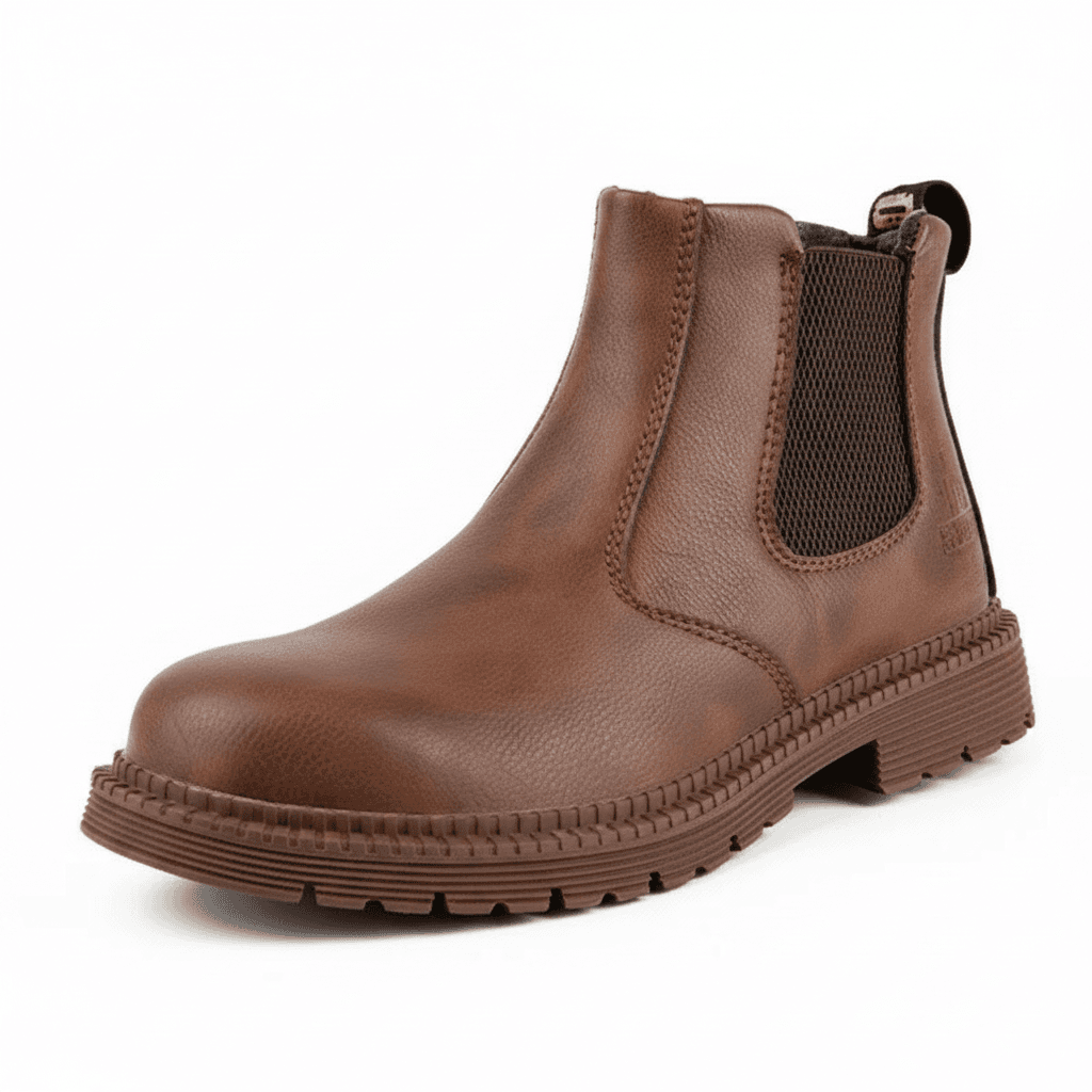 Safety toe waterproof work boots, a single pair displayed.