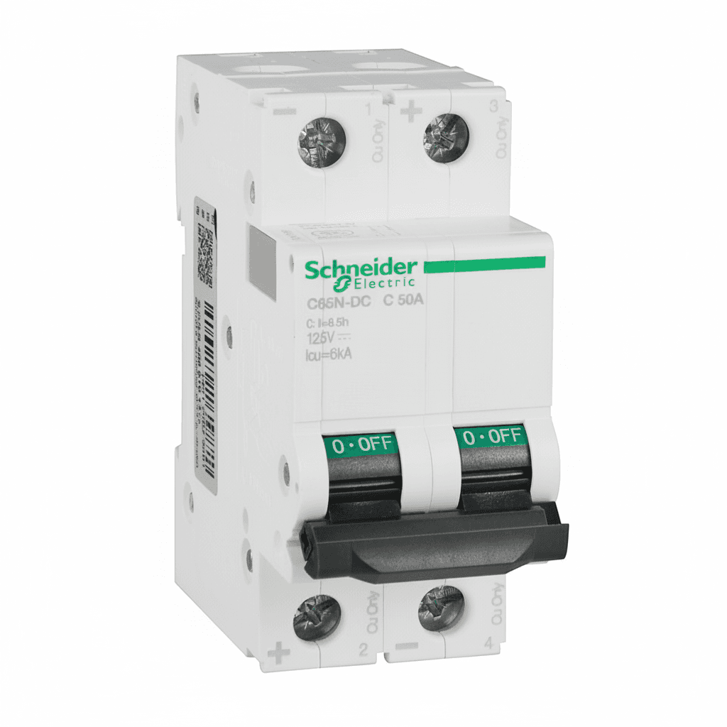 Schneider Electric Multi 9 C65N-DC Miniature Circuit Breaker, front view.