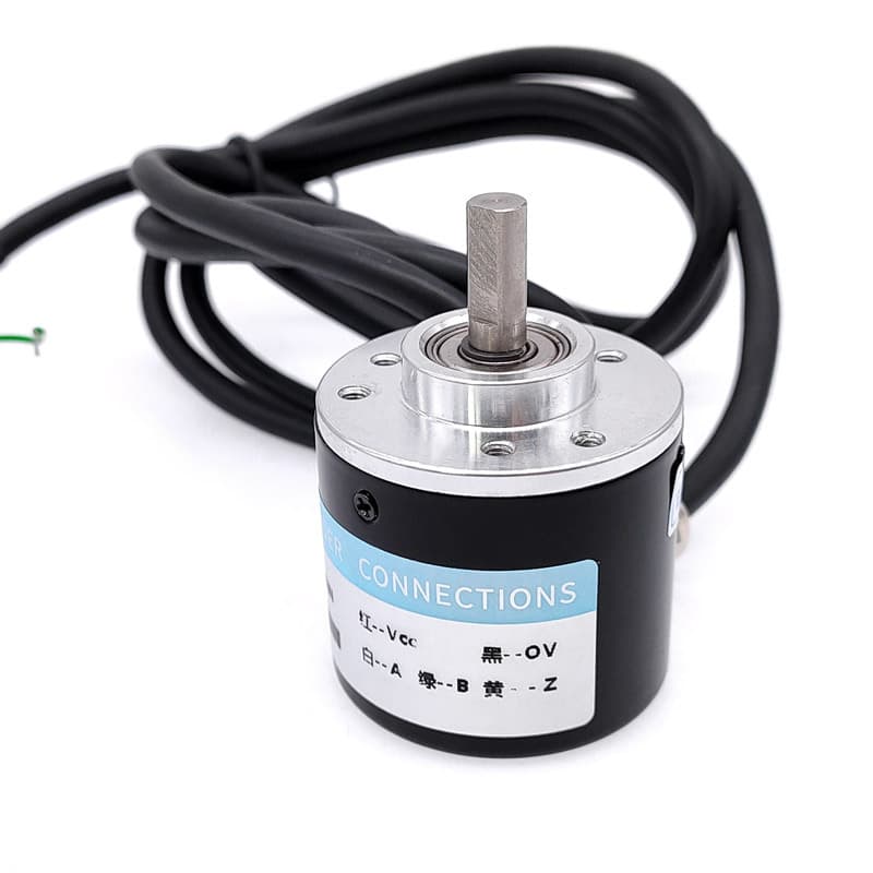 A 38S6G5-Z rotary encoder, incremental type, with various pulse options (50-2000P/R) and NPN output.