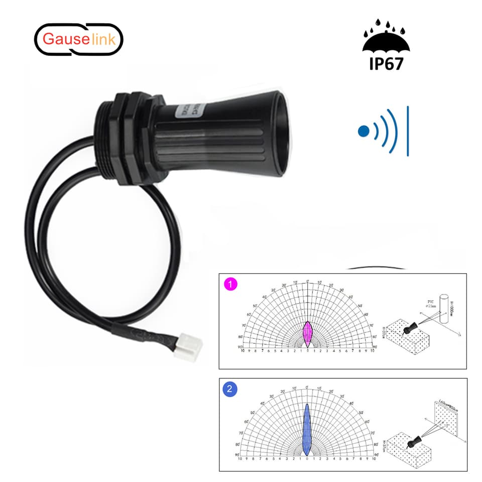A white ultrasonic sensor module with a range of 750cm, ideal for distance measurement on flat objects and liquid levels.