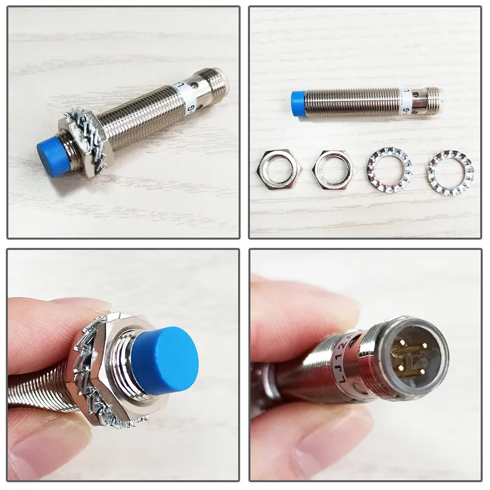 An M12 inductance proximity sensor, plug-in type, 6-36VDC/90-250VAC, NPN/PNP NO/NC, IP65 rated.