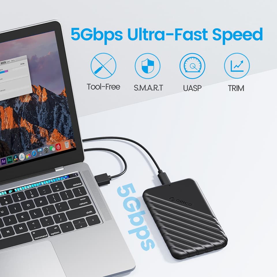A sleek black 2.5 inch hard drive enclosure with a USB 3.0 cable.