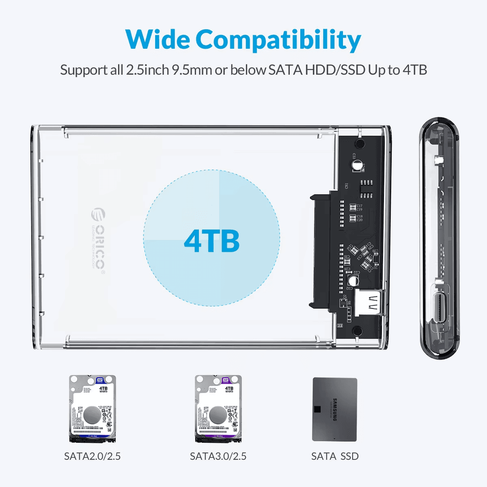 Black.0 Type-C 2.5 inch hard drive enclosure with SATA to USB3.0, 5Gbps UASP, tool-free design.
