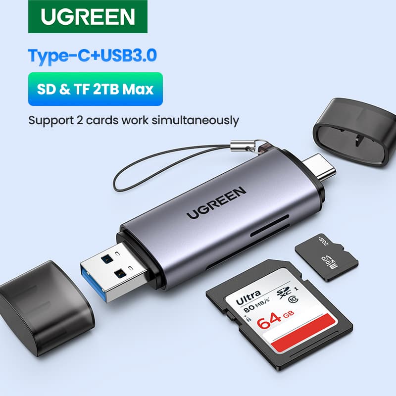 UGREEN USB 3.0 & Type C memory card reader for SD and Micro SD cards, compatible with PC and laptops.