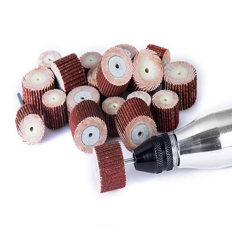 11-piece sanding flap set with 3mm shank grinding wheel heads, perfect for a bench sander and rotary tools.