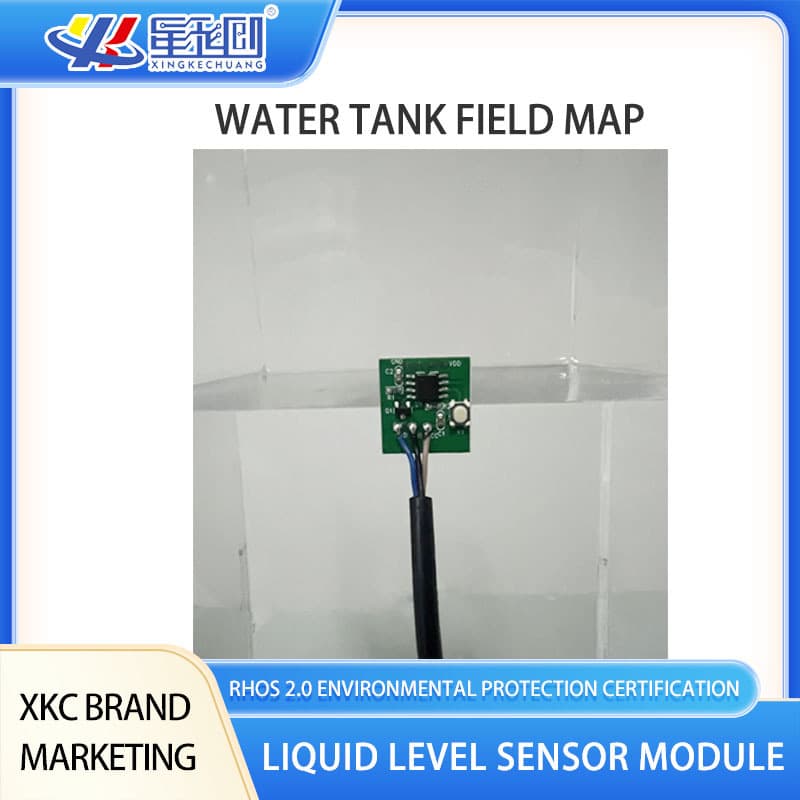 A small, green circuit board, the XKC-Y21 low-cost non-contact liquid level sensor module, functions as a tilt sensor.