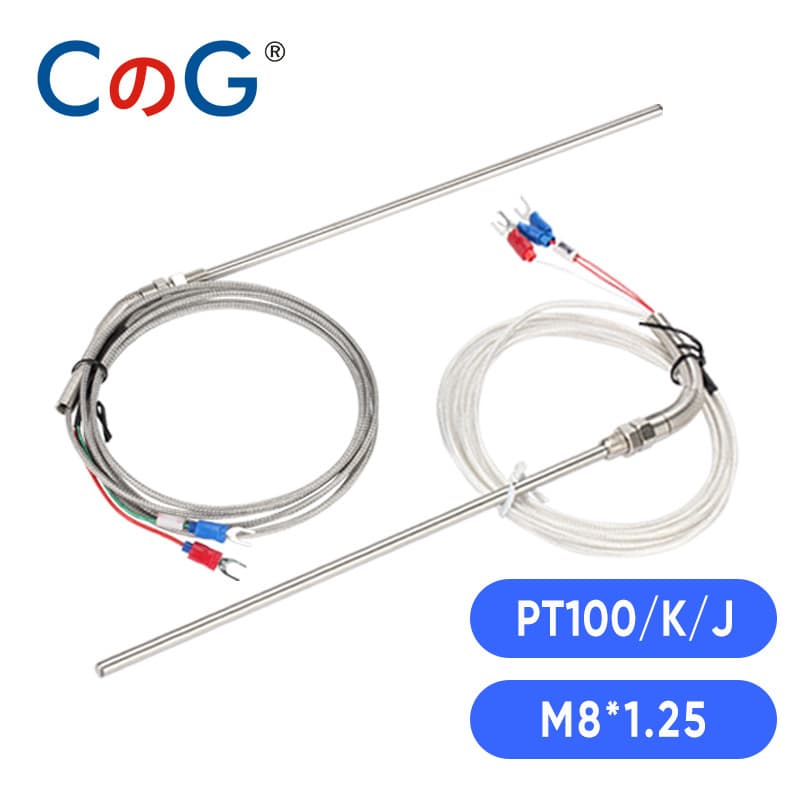 CG Screw Thermocouple M8 type K/J/PT100 with compression spring probe, ideal for accurate temperature sensing, a versatile thermocouple.