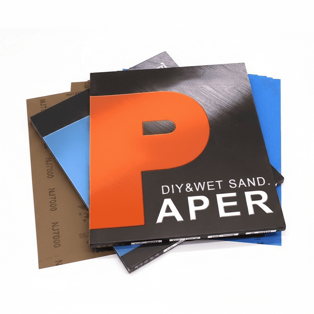 Assortment of 80-10000 grit wet and dry sandpaper sheets for surface finishing, including a sanding drum.