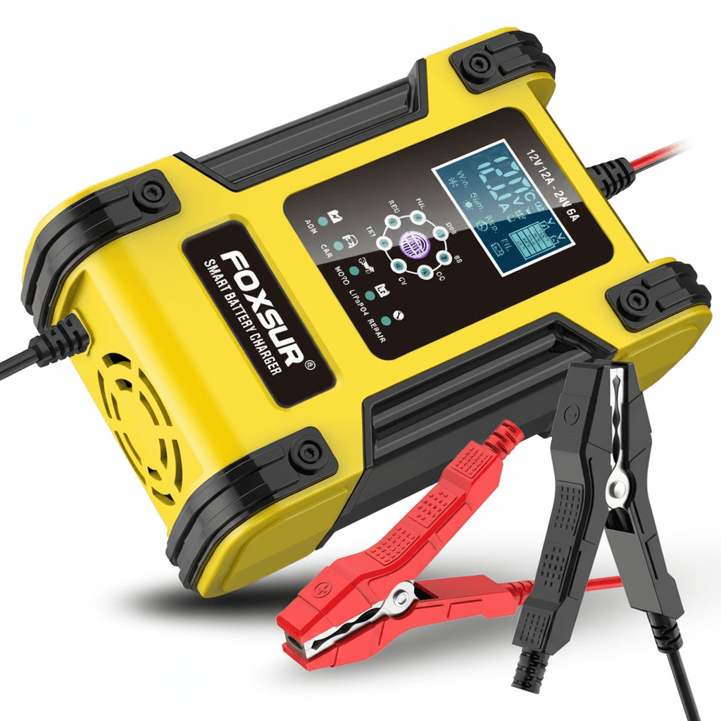 Foxsur Car Battery Charger 12V 12A, the product itself.