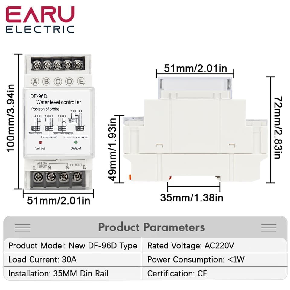 A DF-96D water level sensor switch for controlling water pumps, featuring 2M wires and a 25A capacity.