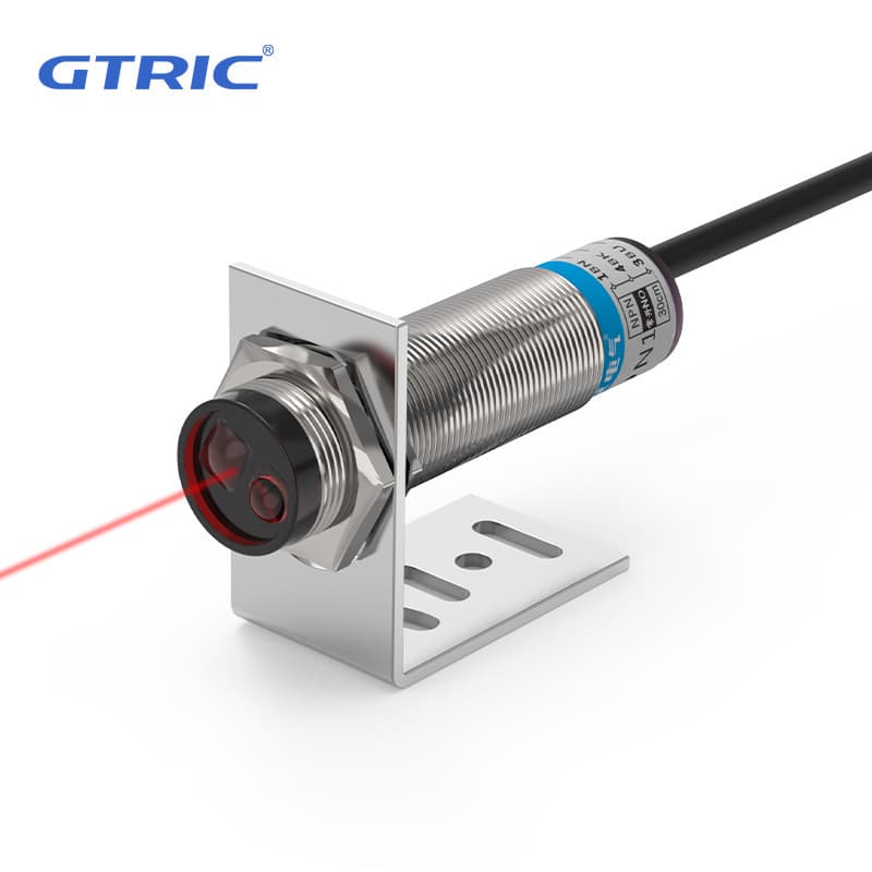 GTRIC M18 diffuse reflection laser photoelectric sensor, NPN/PNP, 10-30V, visible spot, 30CM adjustable.