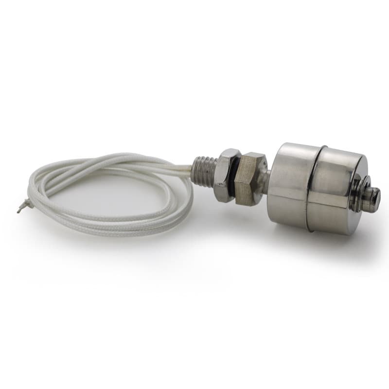 A stainless steel float switch, designed for tank liquid level sensing, featuring a ball float and 10W control pump capability.