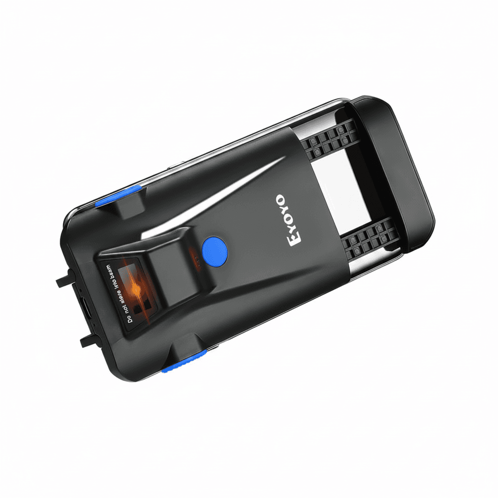 Eyoyo 2D Barcode Scanner, black, held at an angle.