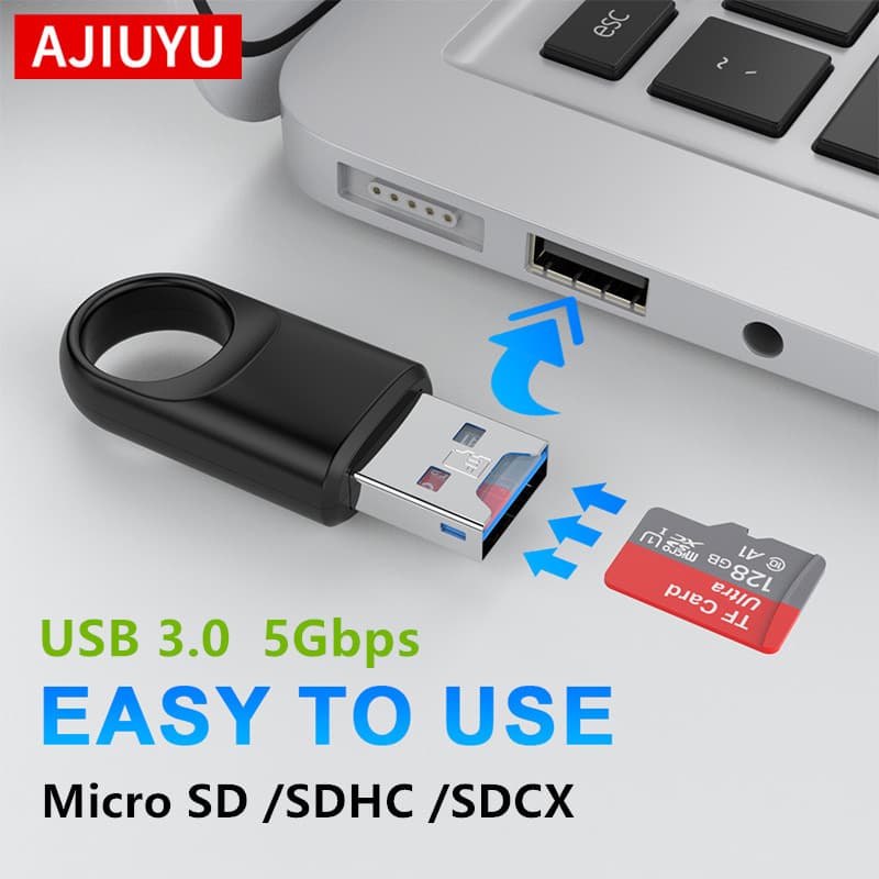 The AJIUYU USB Micro SD TF Card Reader, a 5Gbps high-speed memory card reader for mobile phones and laptops.