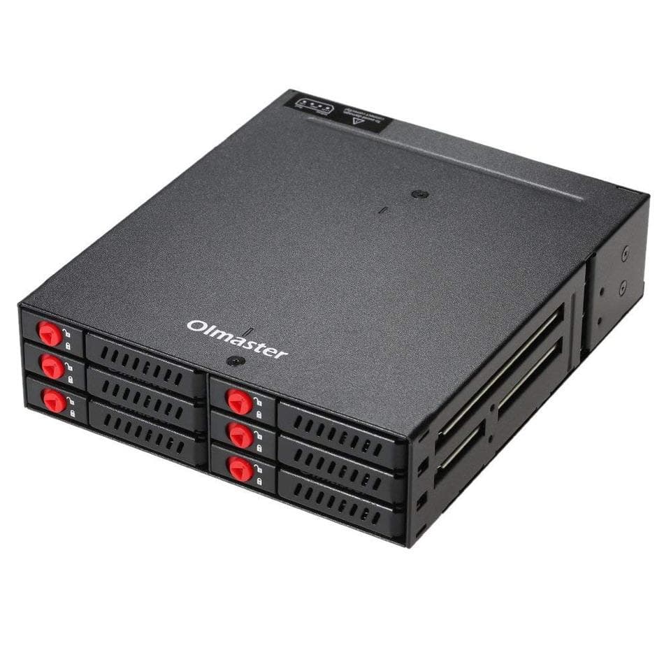 A 6-bay hard drive caddy for 2.5-inch SATA SSD/HDD, designed for 5.25-inch drive bays, shown with drives inserted.