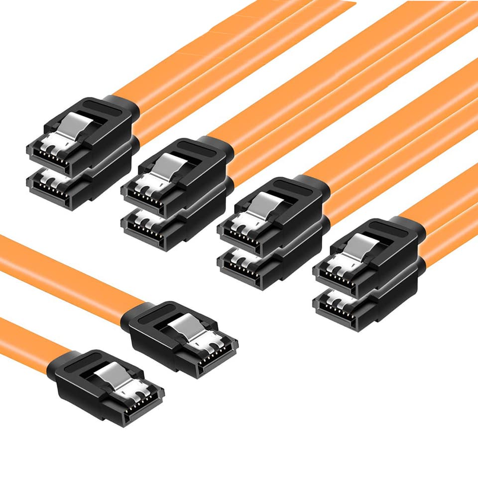 A pack of SATA III cables, 6Gbps HDD SDD data cables with locking latches for secure connections.