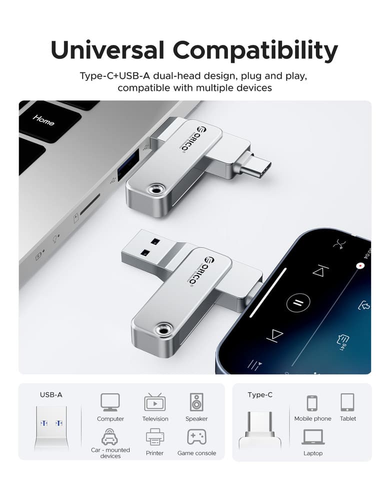 Silver metal dual interface USB C pen drive with USB-A plug shown at an angle.