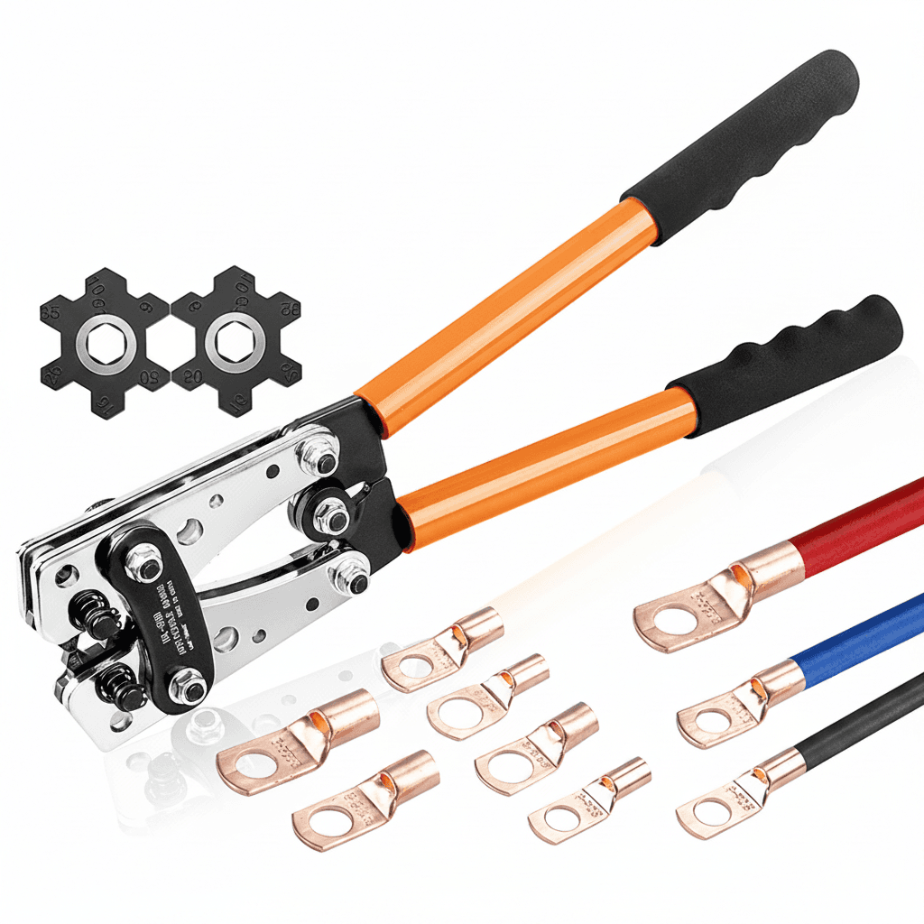Hex Crimping Tool with branding, specifications, copper terminals, and two crimping dies.