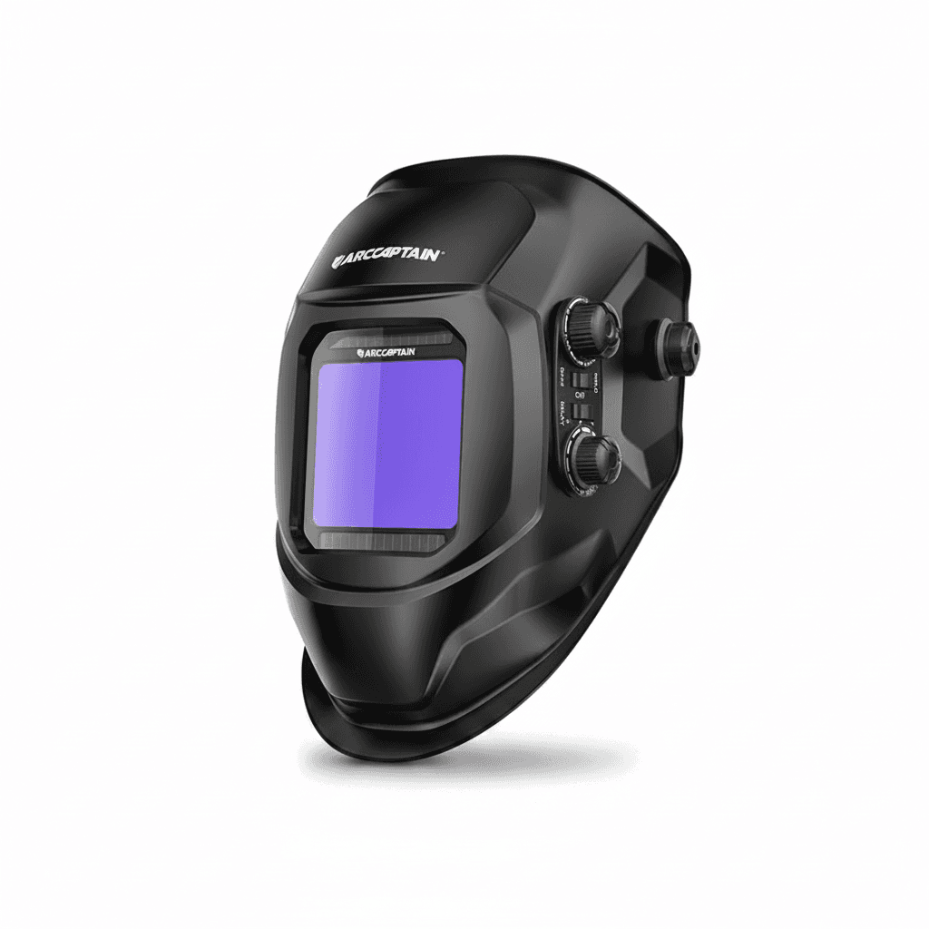 ARCCAPTAIN Welding Helmet with Safety Helmet Chinstrap, full product view.