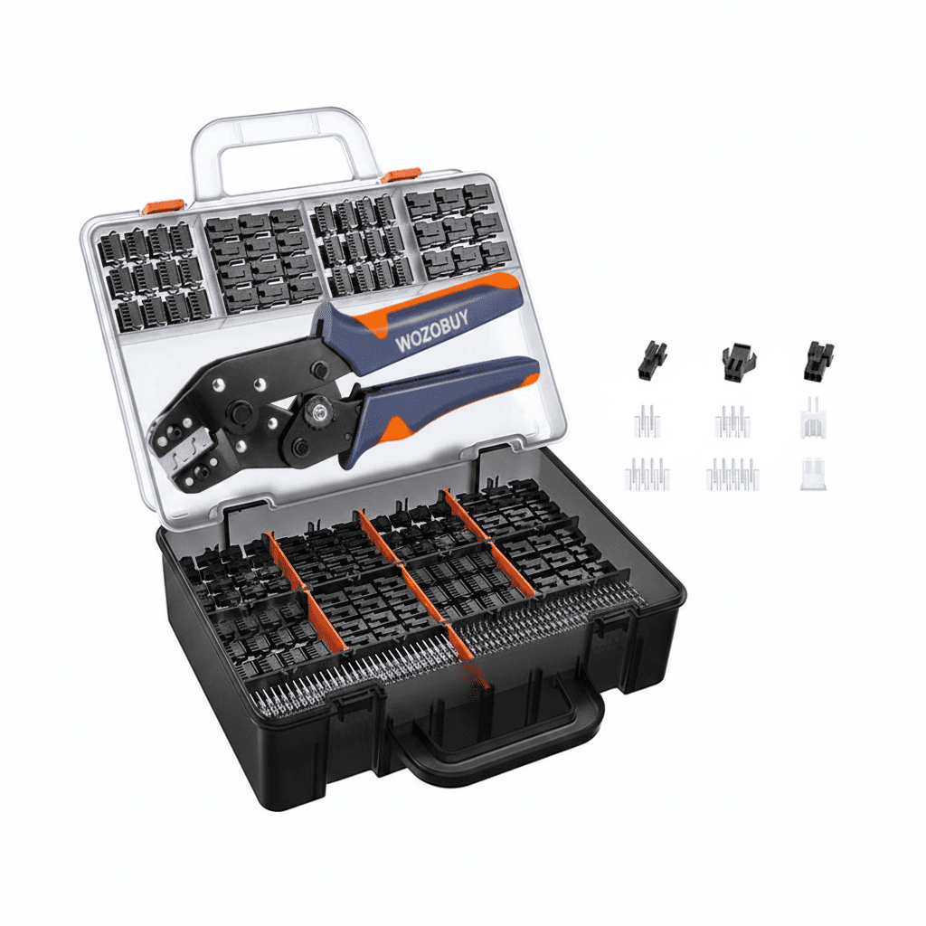 Crimping tool kit with various connectors in an open case, plus a closed case.