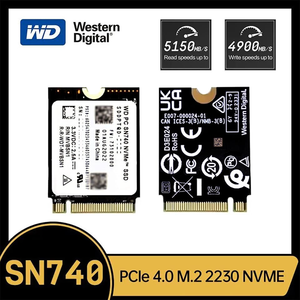 Western Digital SN740 1TB M.2 2230 NVMe PCIe Gen4 x4 SSD, ideal for Steam Deck and Microsoft Surface ProX.