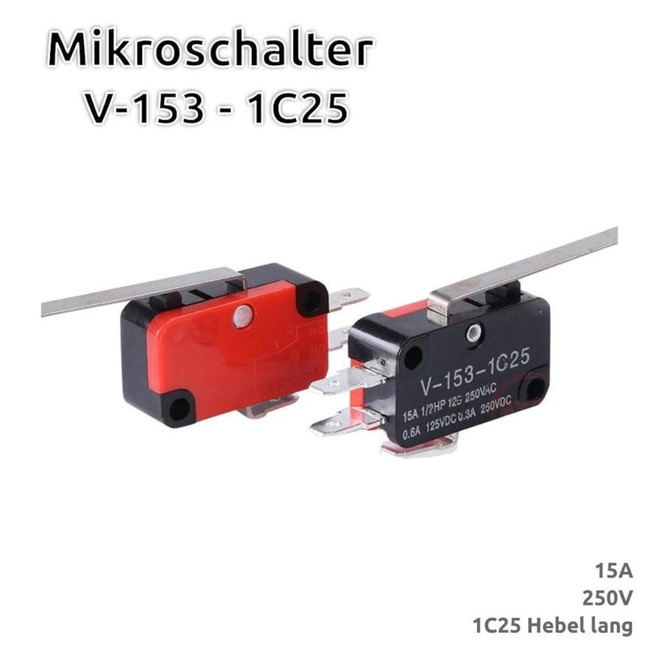 V-15 series micro limit switch with a roller lever, 1NO1NC SPDT, rated 16A 250VAC.