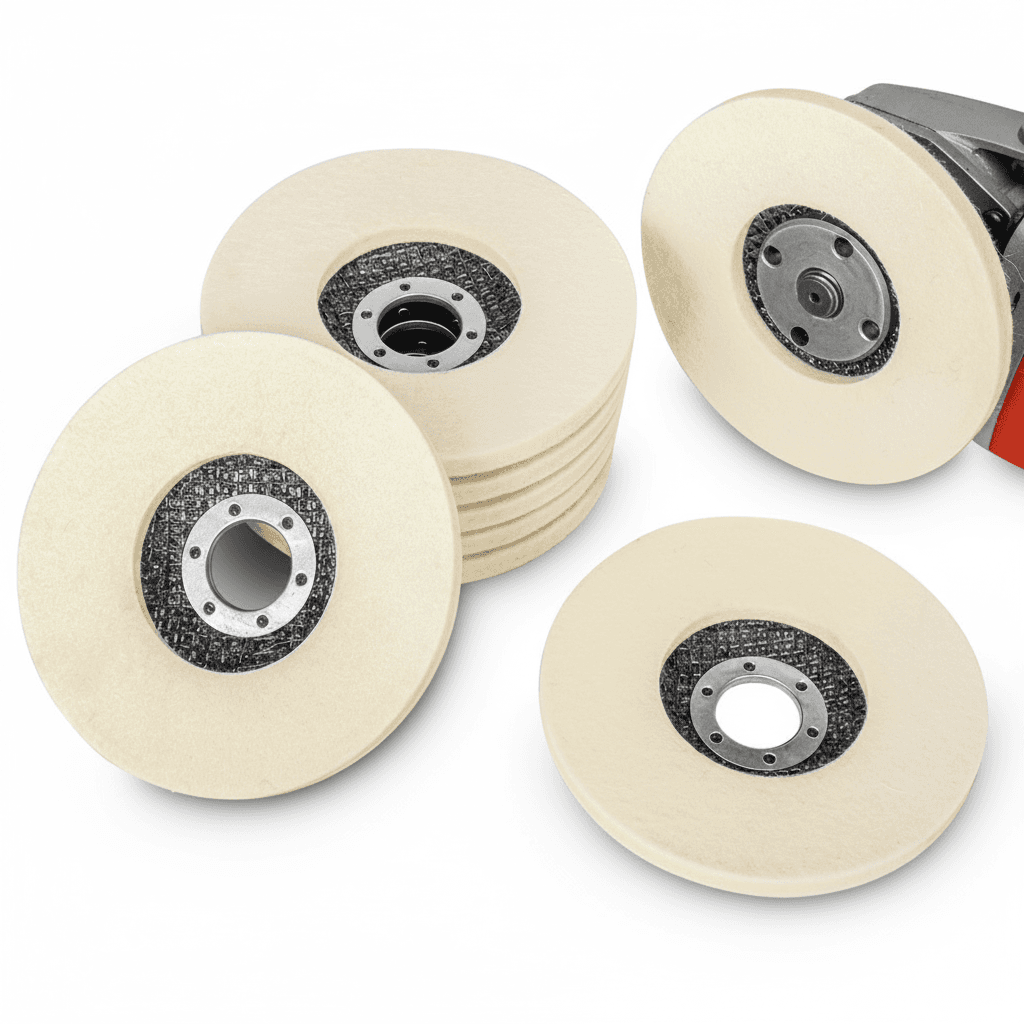 Wool polishing wheel buffing pads for angle grinders, available in multiple sizes.