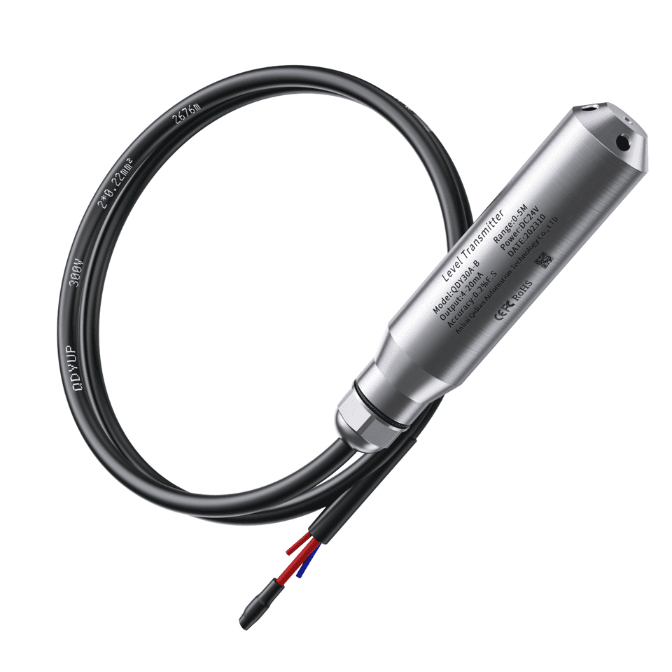 Hydrostatic pressure transducer with 4-20mA output for liquid level measurement.