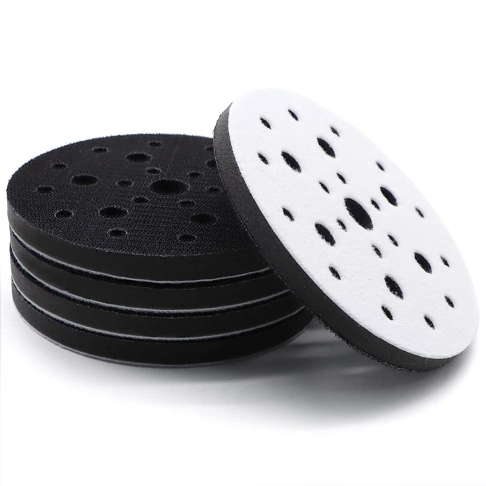 Five 6-inch 25-hole interface pads, a soft density foam cushion sander backing pad for orbital sanders, ensuring smooth polishing.