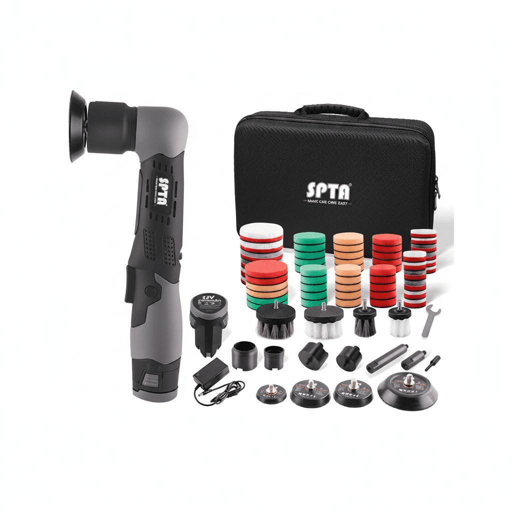 A SPTA 12V cordless mini car polisher with adjustable speed, ideal for removing micro scratches.