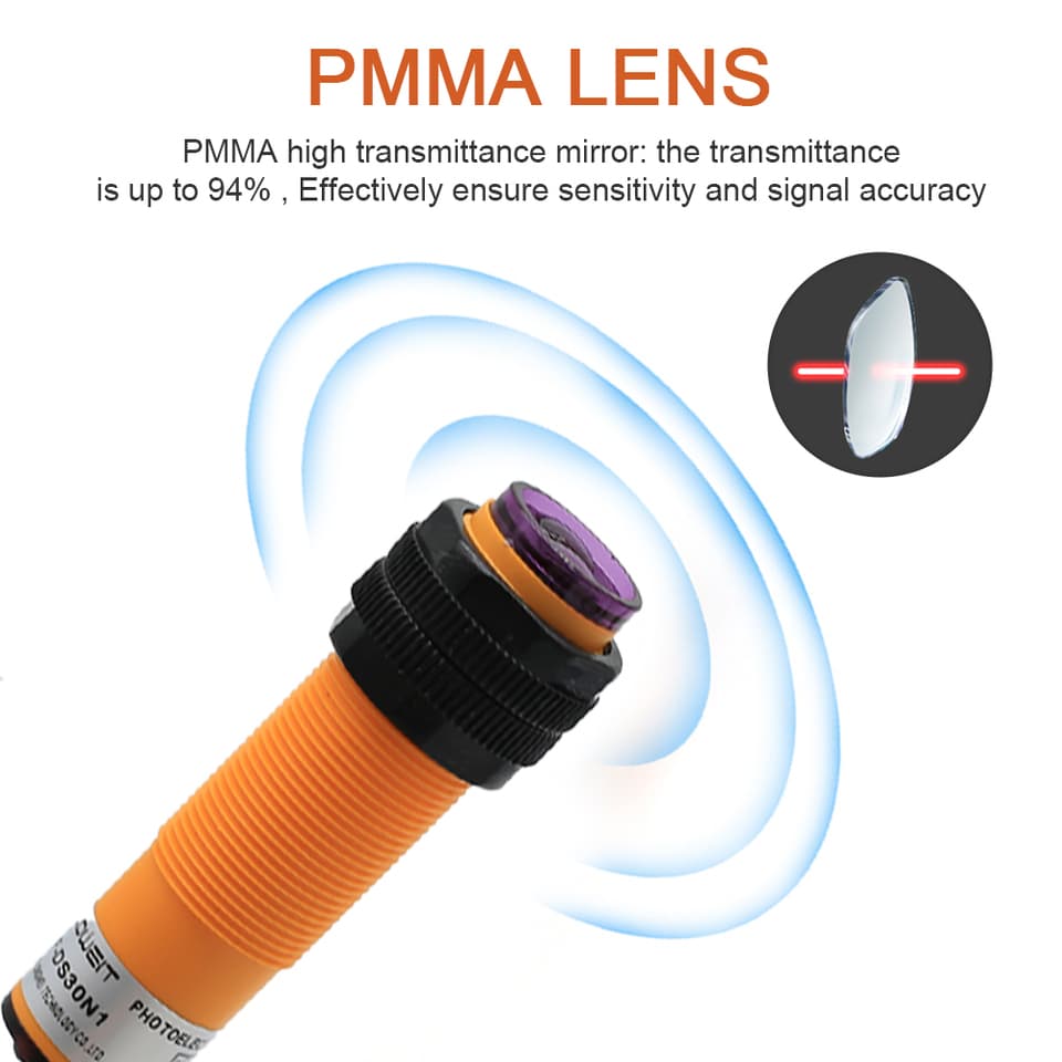 Adjustable photoelectric sensor with infrared beam and 10cm to 2m detection range.