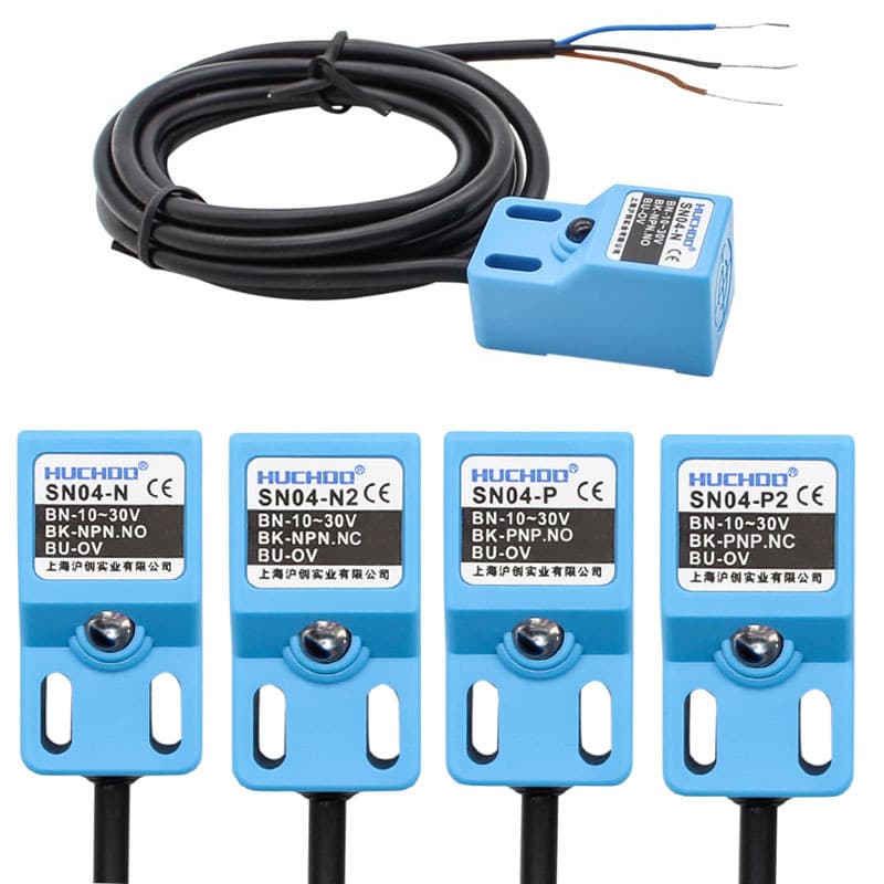 SN04-N inductive proximity sensor, NPN/PNP, NO/NC, 4mm detection, 10-30V DC, side view.