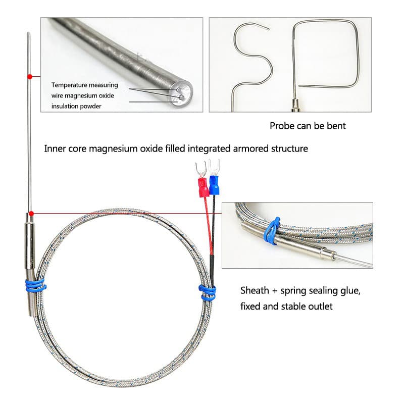 A robust K/PT100 type thermocouple, with a sheathed sensor and threaded connection, for high-temperature control.