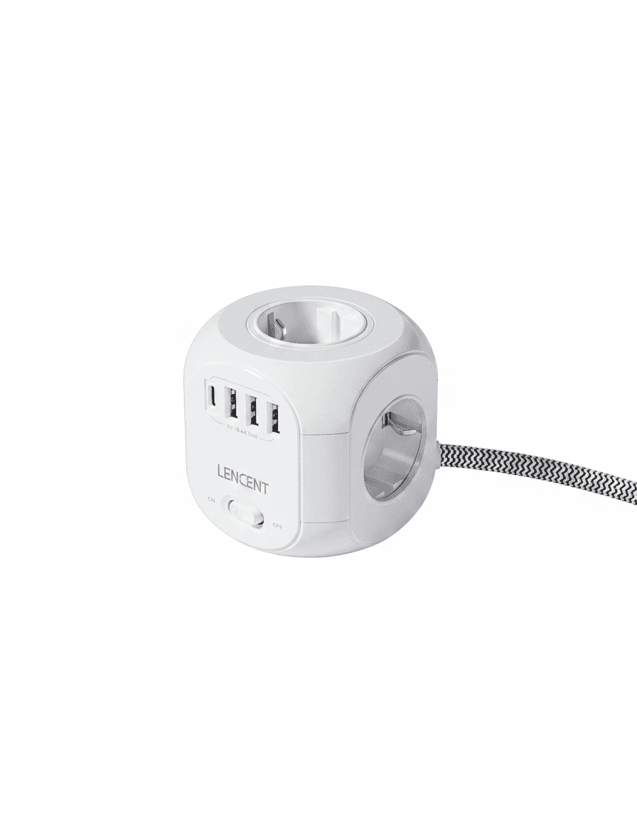 LENCENT Power Cube Extension Lead | 4 AC, 3 USB, Type C | 3M Cable with Switch