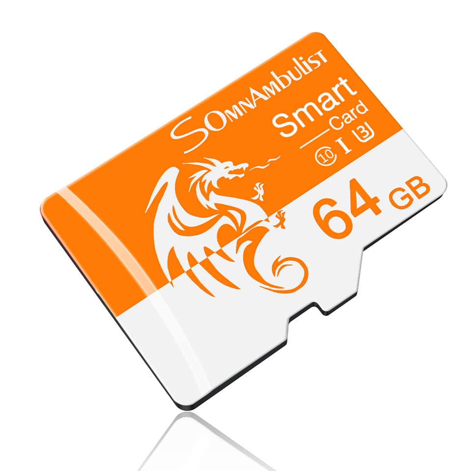 A small SomnAmbulist 64GB compact flash card, C10 U3 A1, designed for high-speed data transfer in drones and surveillance devices.