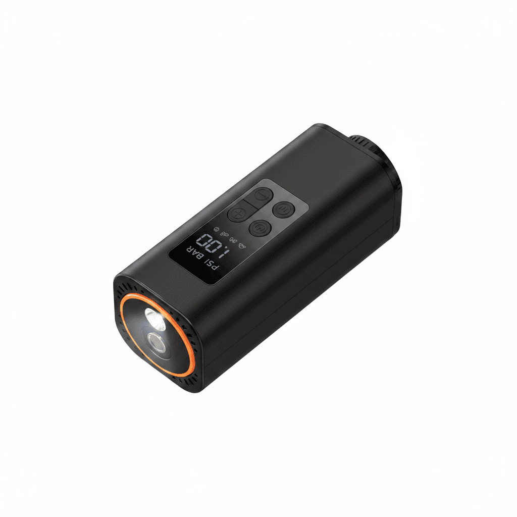 Baseus car tyre inflator digital, a compact black device with a screen.