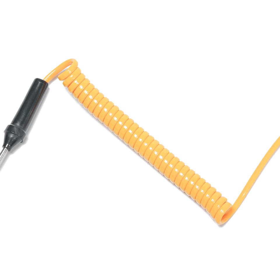 K-Type thermocouple with a long metal probe and attached wire, designed for precise temperature measurement.