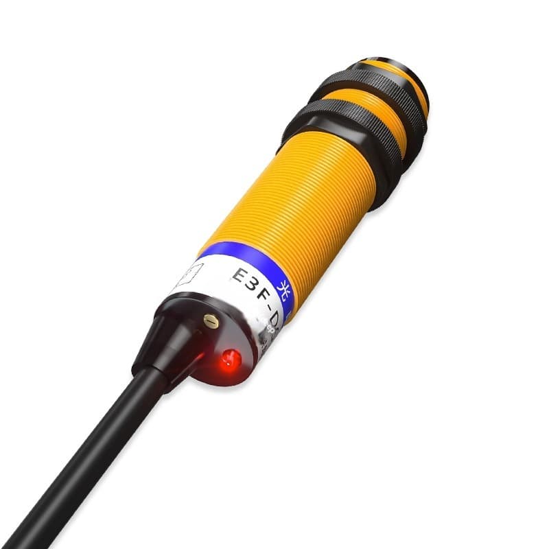 An infrared E3F-DS10 photoelectric switch sensor, offering NO/NC NPN/PNP output and adjustable 5-50cm detection.