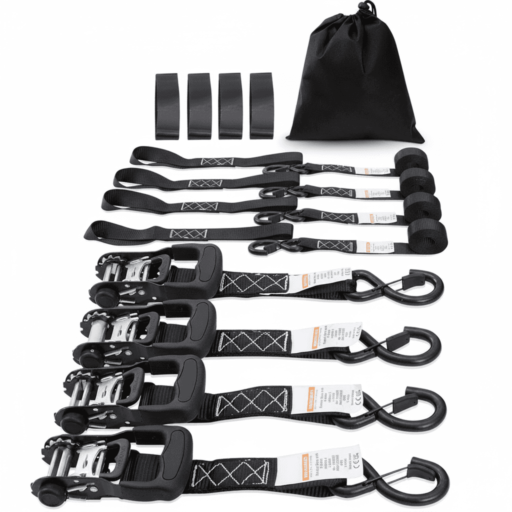 4x Ratchet Tie-Down Straps, neatly packaged.