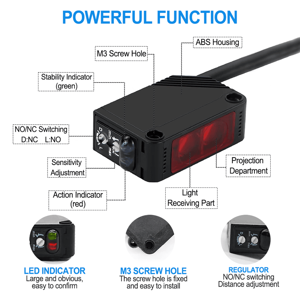 Various models of AUCHTEL photoelectric sensors, including diffuse, reflective, and through-beam capacitive sensor types.