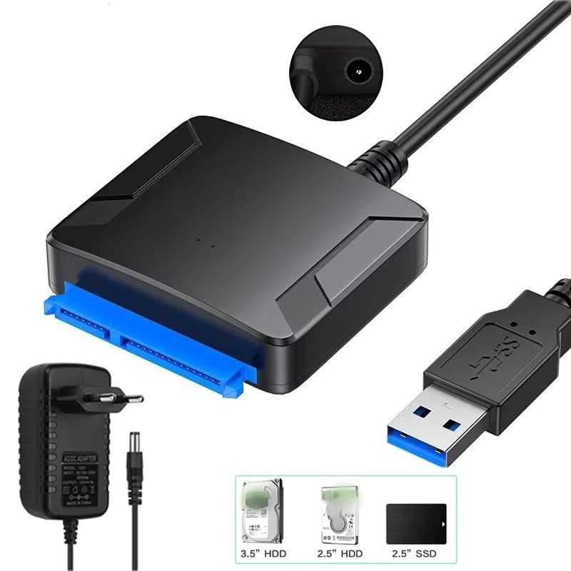 USB 3.0 to SATA cable adapter with a 12V/2A power supply for 2.5" and 3.5" SSD/HDD drives.