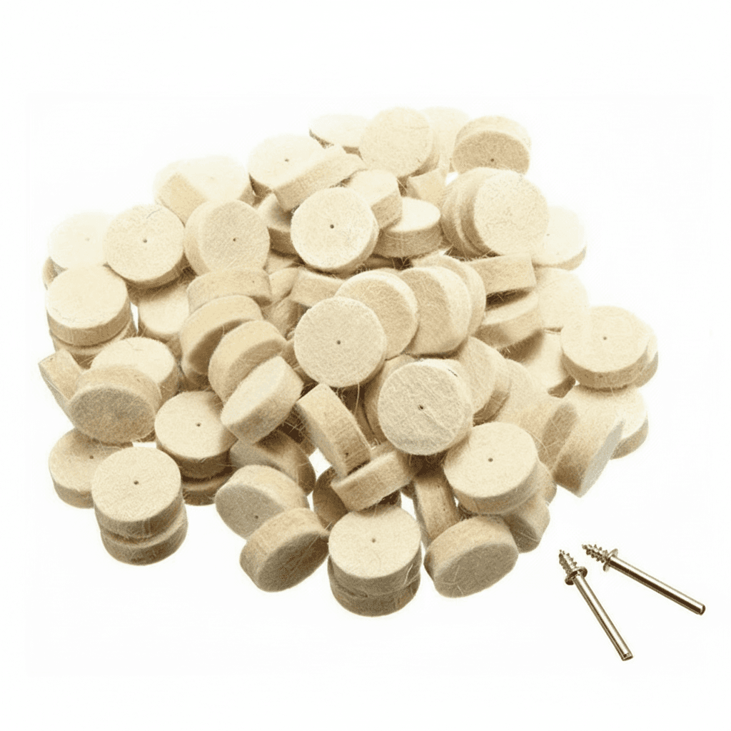 A set of 50 wool felt polishing buffing pads with two 3.2mm shanks for rotary tools like Dremel.