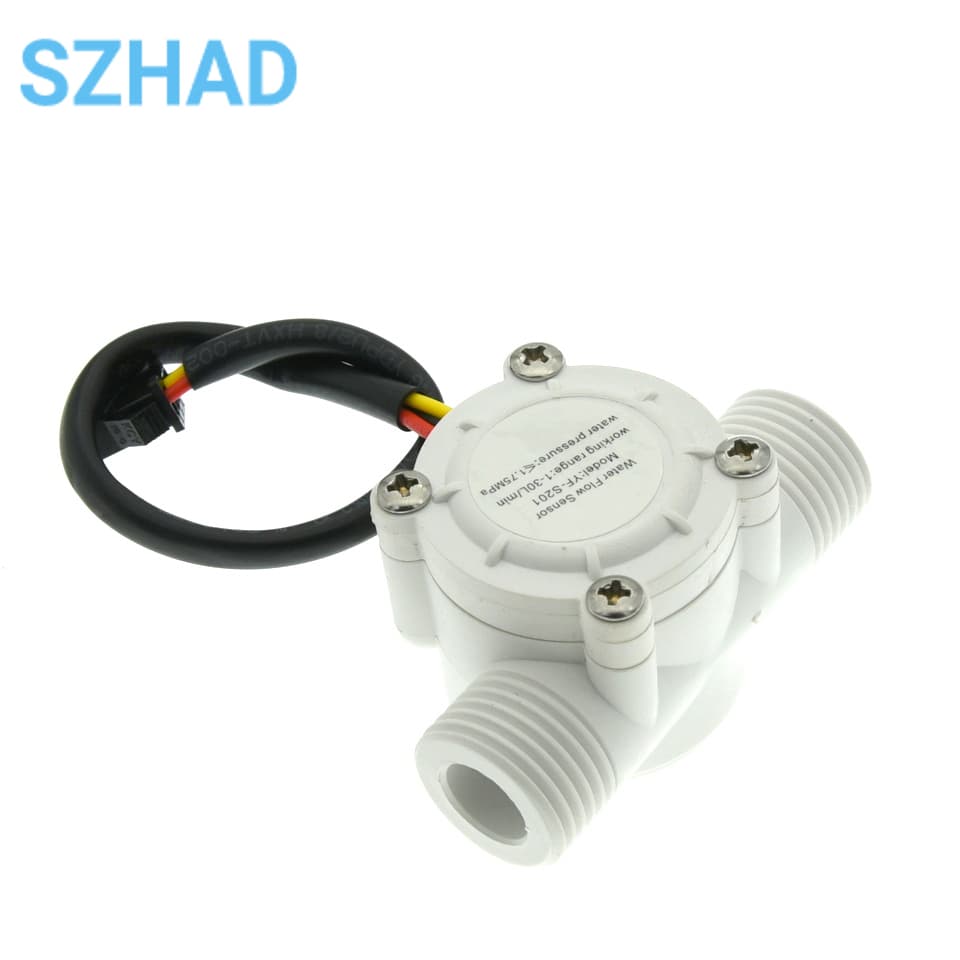 A YF-S201 water flow meter, 1-30L/min Hall sensor for precise liquid flow control.