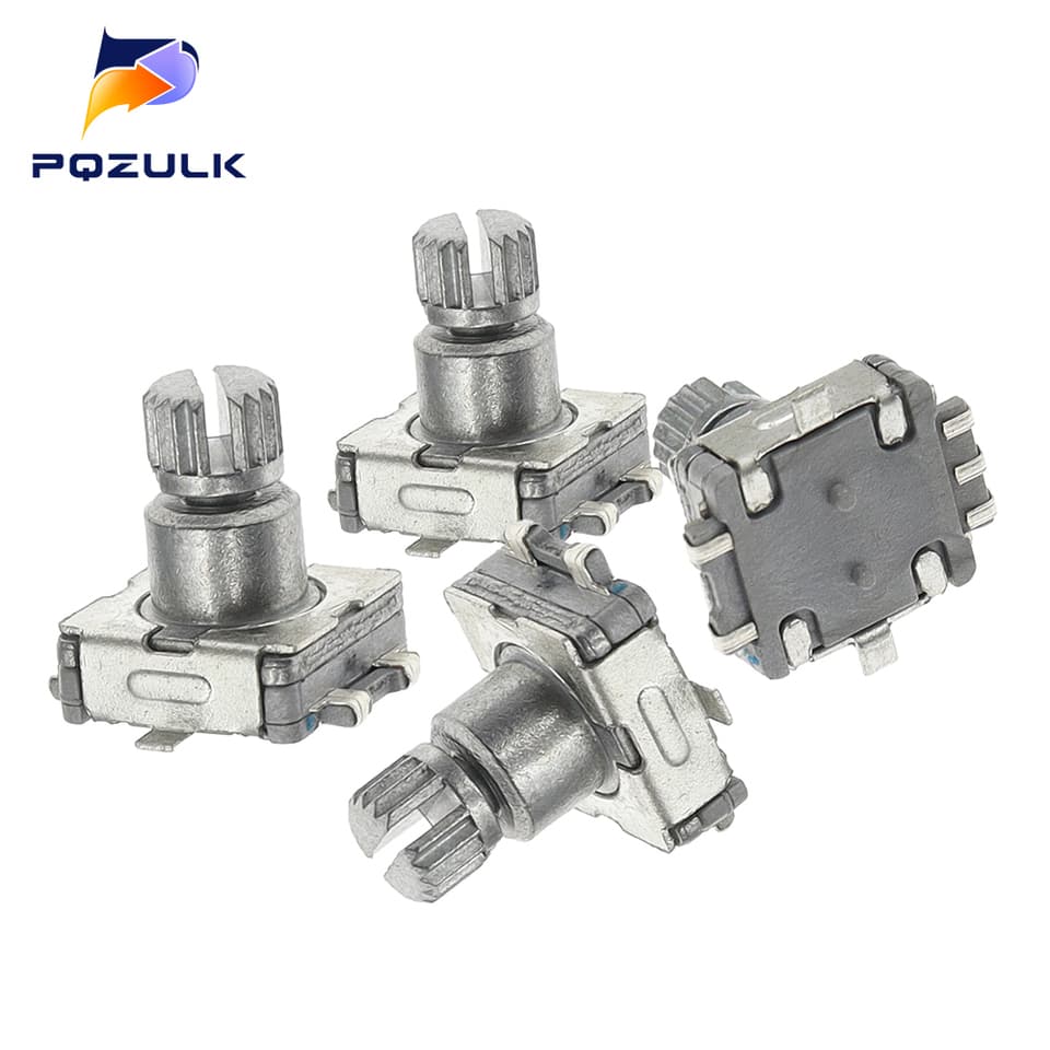 Five EC11 rotary encoder switches with push functionality, 5-pin SMD type, 10mm plum shaft.