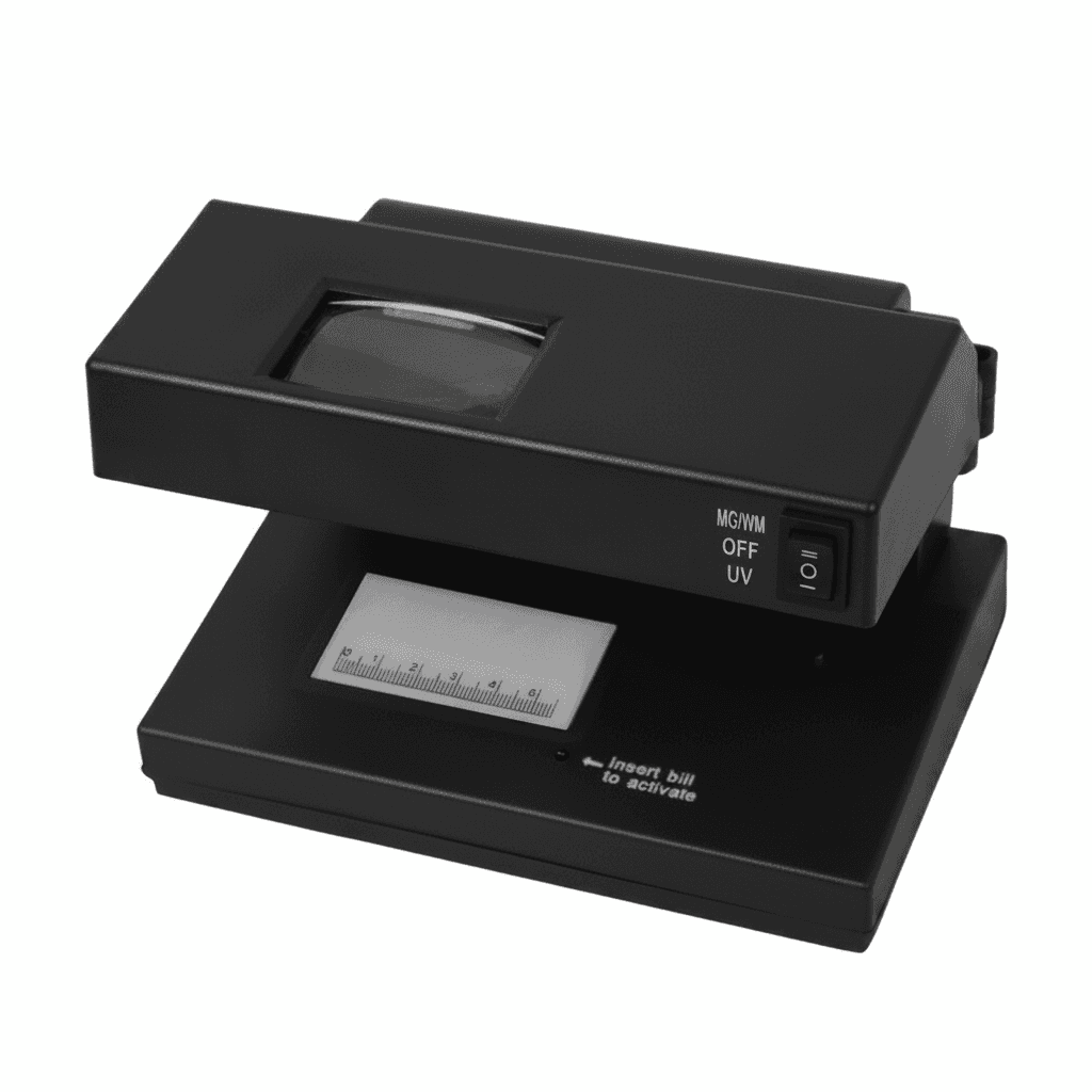 Portable note counting machine, a counterfeit detector on white background with device text.