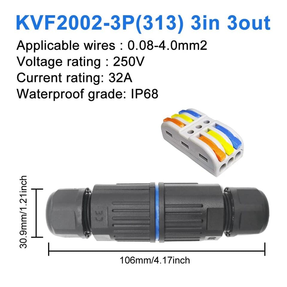 A black IP68 waterproof cable connector, KVSF-15, with 2 in 2 out ports, shown with 2, 3, 4, and 5 pin options.